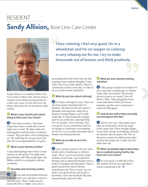 Sandy, a current resident at rose linn care center, is interviewed by a local healthcare magazine